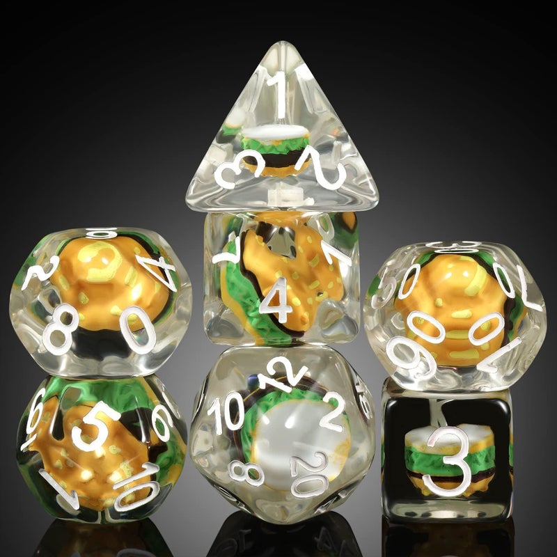 DNDND Hamburger Dungeons and Dragons Dice, 7PCS Resin DND Dice Set with Velvet Bag for D&D Role Playing Games and Tabletop Games（Hamburger - Image 1